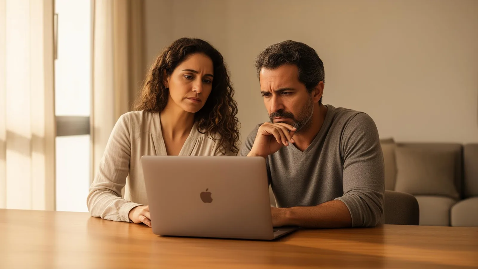 Casal olhando pensativo para o computador, procurando uma solução juntos